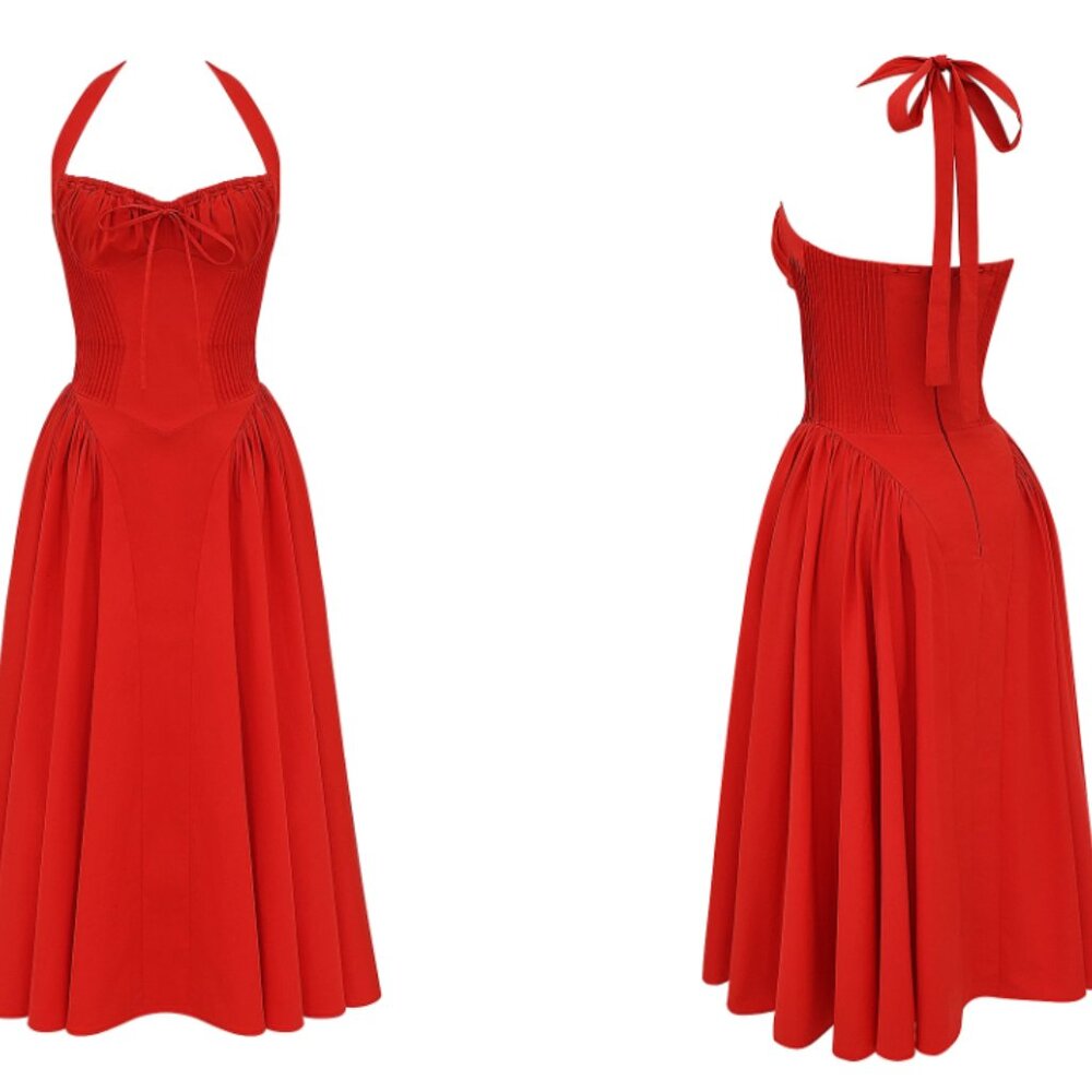 HOUSE OF CB 'Adabella' Italian Tomato Cotton Halter Sundress NWOT - Picture 5 of 5